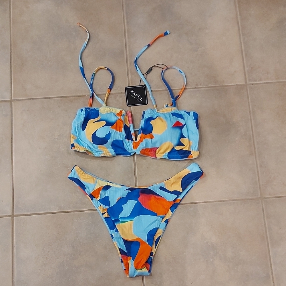 Zaful Blue and Orange Abstract Bikini